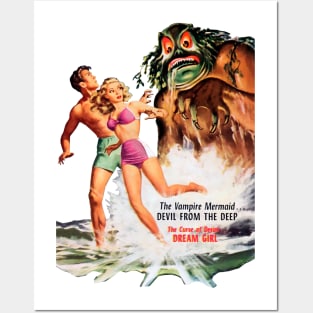 Sexy Pin Up Girl Running Escaping Vintage Monster Beach Sea Water Halloween Comic Posters and Art